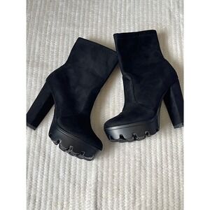 Black Faux Suede Platform Block Heel Ankle Lug Sole Boots Size 38